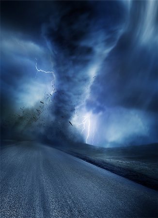 Powerful Tornado with debris on a road. Lightning illuminates the tornado. Stock Photo - Budget Royalty-Free & Subscription, Code: 400-08412539