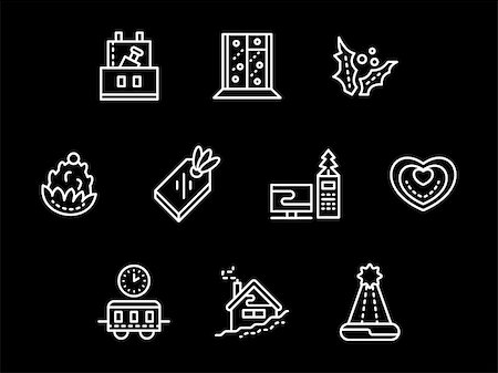 simsearch:400-04149556,k - Wintertime symbols. New Year and Christmas holidays, decoration, accessories. Simple white line vector icons set on black background. Elements of web design for business, website and mobile. Stock Photo - Budget Royalty-Free & Subscription, Code: 400-08413537