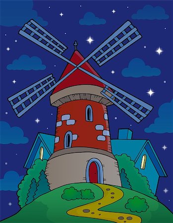 simsearch:400-05724401,k - Hill with windmill at night - eps10 vector illustration. Stock Photo - Budget Royalty-Free & Subscription, Code: 400-08413682