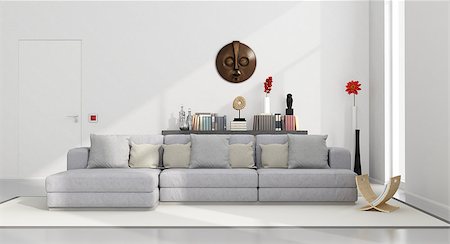 simsearch:400-07513835,k - White minimalist living room with gray couch and decor objects on black shelves - 3D Rendering Foto de stock - Super Valor sin royalties y Suscripción, Código: 400-08426960