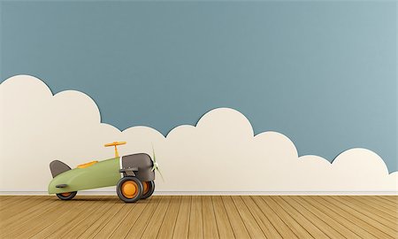 Empty playroom with toy airplane on wooden floor  and clouds - 3D Rendering Stock Photo - Budget Royalty-Free & Subscription, Code: 400-08427866