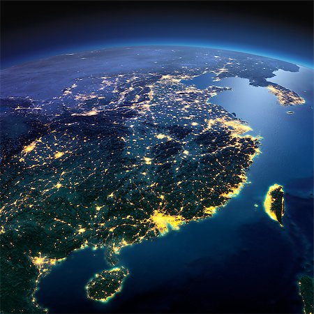 simsearch:400-04875639,k - Night planet Earth with precise detailed relief and city lights illuminated by moonlight. Eastern China and Taiwan. Elements of this image furnished by NASA Stock Photo - Budget Royalty-Free & Subscription, Code: 400-08428234