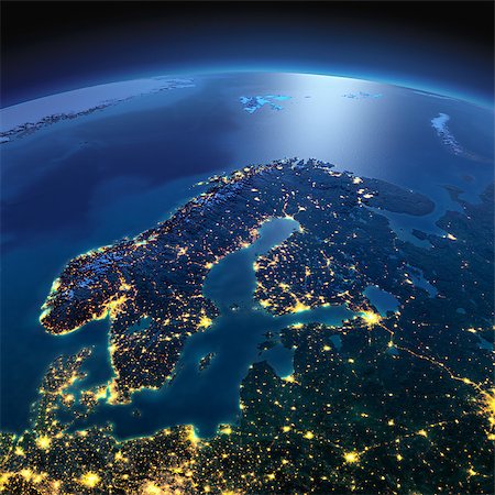 simsearch:400-04875639,k - Night planet Earth with precise detailed relief and city lights illuminated by moonlight. Europe. Scandinavia. Elements of this image furnished by NASA Stock Photo - Budget Royalty-Free & Subscription, Code: 400-08428235