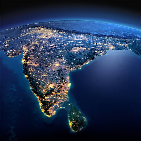 simsearch:400-04875639,k - Night planet Earth with precise detailed relief and city lights illuminated by moonlight. India and Sri Lanka. Elements of this image furnished by NASA Stock Photo - Budget Royalty-Free & Subscription, Code: 400-08428236