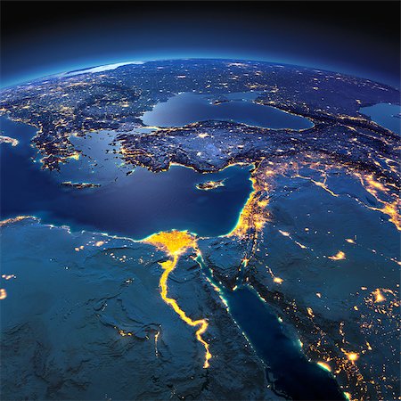simsearch:400-04875639,k - Night planet Earth with precise detailed relief and city lights illuminated by moonlight. Africa and Middle East. Elements of this image furnished by NASA Stock Photo - Budget Royalty-Free & Subscription, Code: 400-08428237