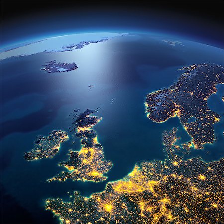 simsearch:400-04875639,k - Night planet Earth with precise detailed relief and city lights illuminated by moonlight. United Kingdom and the North Sea. Elements of this image furnished by NASA Stock Photo - Budget Royalty-Free & Subscription, Code: 400-08428239