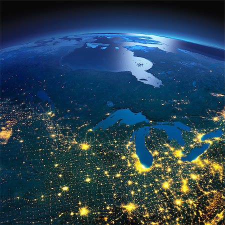 simsearch:400-04875639,k - Night planet Earth with precise detailed relief and city lights illuminated by moonlight. The northern U.S. states and Canada. Elements of this image furnished by NASA Stock Photo - Budget Royalty-Free & Subscription, Code: 400-08428232
