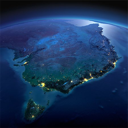 simsearch:400-04875639,k - Night planet Earth with precise detailed relief and city lights illuminated by moonlight. Australia and Tasmania. Elements of this image furnished by NASA Stock Photo - Budget Royalty-Free & Subscription, Code: 400-08428233