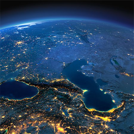 simsearch:400-04875639,k - Night planet Earth with precise detailed relief and city lights illuminated by moonlight. Caucasus and the Caspian Sea. Elements of this image furnished by NASA Stock Photo - Budget Royalty-Free & Subscription, Code: 400-08428244