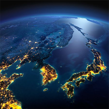 simsearch:400-04875639,k - Night planet Earth with precise detailed relief and city lights illuminated by moonlight. Korea and Japan. Elements of this image furnished by NASA Stock Photo - Budget Royalty-Free & Subscription, Code: 400-08428245