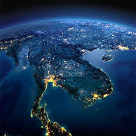 simsearch:400-04875639,k - Night planet Earth with precise detailed relief and city lights illuminated by moonlight. Indochina peninsula. Elements of this image furnished by NASA Stock Photo - Budget Royalty-Free & Subscription, Code: 400-08428246