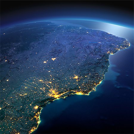 simsearch:400-04875639,k - Night planet Earth with precise detailed relief and city lights illuminated by moonlight. South America. East Coast of Brazil. Elements of this image furnished by NASA Stock Photo - Budget Royalty-Free & Subscription, Code: 400-08428240