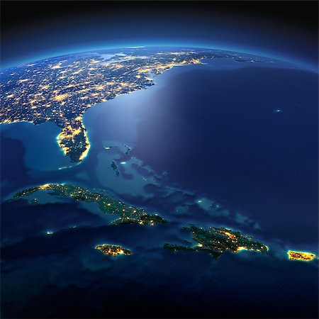 simsearch:400-04875639,k - Night planet Earth with precise detailed relief and city lights illuminated by moonlight. South America. Caribbean islands. Cuba, Haiti, Jamaica. Elements of this image furnished by NASA Stock Photo - Budget Royalty-Free & Subscription, Code: 400-08428241