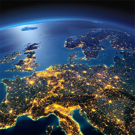 simsearch:400-04875639,k - Night planet Earth with precise detailed relief and city lights illuminated by moonlight. Central Europe. Elements of this image furnished by NASA Stock Photo - Budget Royalty-Free & Subscription, Code: 400-08428243