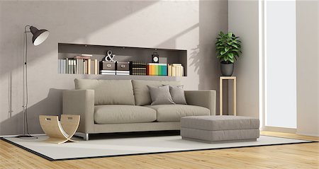 simsearch:400-07513835,k - modern living room with sofa, footstool and niche with books and objects - 3D Rendering Foto de stock - Super Valor sin royalties y Suscripción, Código: 400-08429152