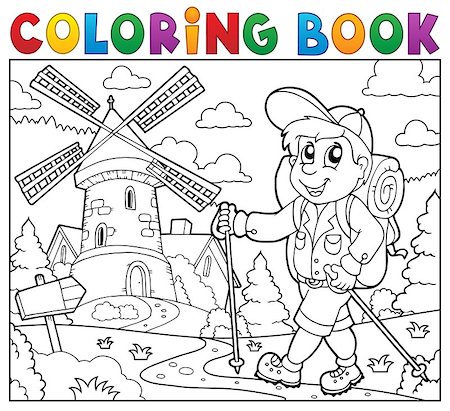 simsearch:400-05724401,k - Coloring book hiker near windmill - eps10 vector illustration. Stock Photo - Budget Royalty-Free & Subscription, Code: 400-08434010