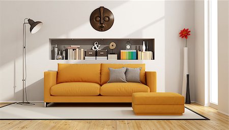 simsearch:400-07513835,k - Contemporary living room with sofa, footstool and niche with books and objects - 3D Rendering Foto de stock - Super Valor sin royalties y Suscripción, Código: 400-08431501