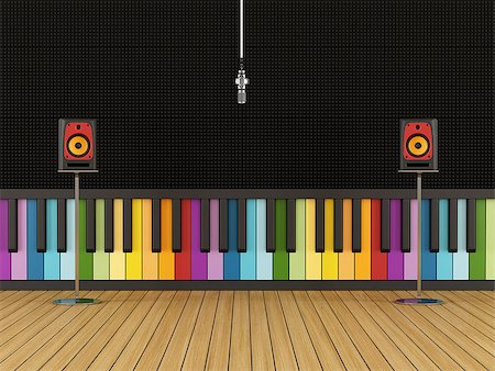 simsearch:400-04278069,k - Recording studio with colorful piano keyboard on wall with professional microphone, acoustic panels and speakers - 3d rendering Stock Photo - Budget Royalty-Free & Subscription, Code: 400-08431503