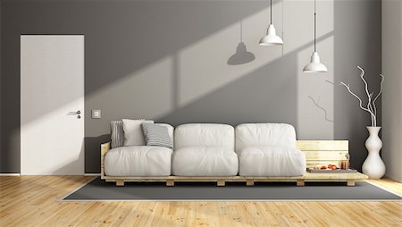 simsearch:400-07513835,k - Elegant gray living room with pallet sofa and close door - 3D Rendering Foto de stock - Super Valor sin royalties y Suscripción, Código: 400-08433299