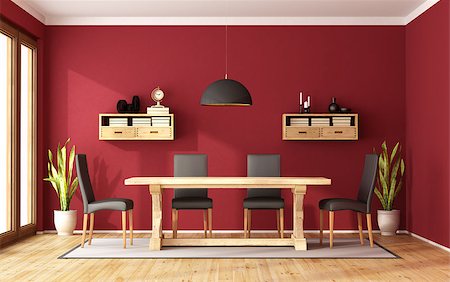 simsearch:400-07513835,k - Red dining room with rustic table and modern chair - 3D Rendering Foto de stock - Super Valor sin royalties y Suscripción, Código: 400-08433292