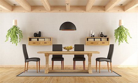 simsearch:400-07513835,k - White dining room with rustic table and modern chair - 3D Rendering Foto de stock - Super Valor sin royalties y Suscripción, Código: 400-08433426