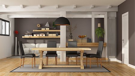 simsearch:400-07513835,k - White and brown living room with wooden dining table and  modern sofa - 3D Rendering Foto de stock - Super Valor sin royalties y Suscripción, Código: 400-08433611