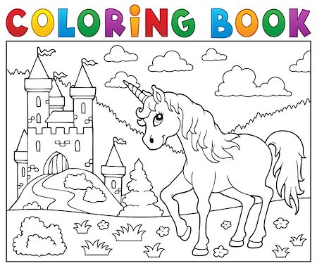 fantasy fortress - Coloring book unicorn near castle - eps10 vector illustration. Stock Photo - Budget Royalty-Free & Subscription, Code: 400-08433777