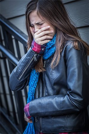 petrified (terrified) - Distressed Young Crying Teen Aged Girl on Staircase. Stock Photo - Budget Royalty-Free & Subscription, Code: 400-08494928