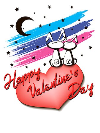 Happy Valentin's day. Bunnies lovers sitting on a heart on the background of starry sky. Vector illustration Stock Photo - Budget Royalty-Free & Subscription, Code: 400-08496579