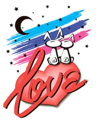 Love. Bunnies lovers sitting on a heart on the background of starry sky. Vector illustration Stock Photo - Budget Royalty-Free & Subscription, Code: 400-08496580