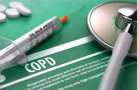 COPD - Medical Concept with Blurred Text, Stethoscope, Pills and Syringe on Green Background. Selective Focus. 3d Render. Stock Photo - Budget Royalty-Free & Subscription, Code: 400-08497840