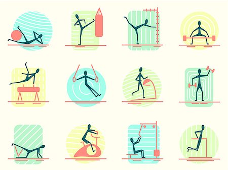 Set of sport equipment icons with person making different gym activity. Athletic, body building, training and workout exercises Pictogram Icons. Stock Photo - Budget Royalty-Free & Subscription, Code: 400-08497899