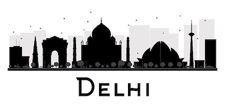 Delhi City skyline black and white silhouette. Vector illustration. Simple flat concept for tourism presentation, banner, placard or web site. Business travel concept. Cityscape with landmarks Stock Photo - Budget Royalty-Free & Subscription, Code: 400-08498705