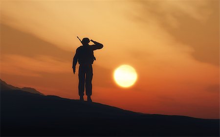 simsearch:400-04072400,k - 3D render of a silhouette of a soldier saluting against a sunset sky Stock Photo - Budget Royalty-Free & Subscription, Code: 400-08498764