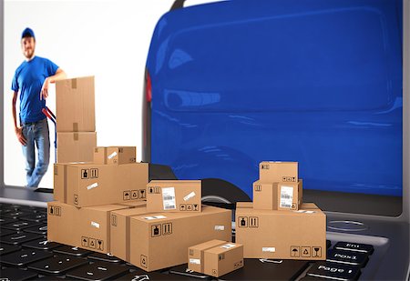 simsearch:400-05735817,k - Computer background with a courier with boxes Stock Photo - Budget Royalty-Free & Subscription, Code: 400-08499037