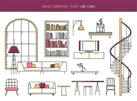 Vector flat line furniture set of interior elements - sofa, armchair, table, window, fireplace, spiral staircase and lamps Stock Photo - Budget Royalty-Free & Subscription, Code: 400-08499684