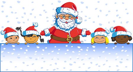 simsearch:400-06462885,k - Santa Claus in a red suit with children in caps congratulates Merry Christmas and New Year Stock Photo - Budget Royalty-Free & Subscription, Code: 400-08491712