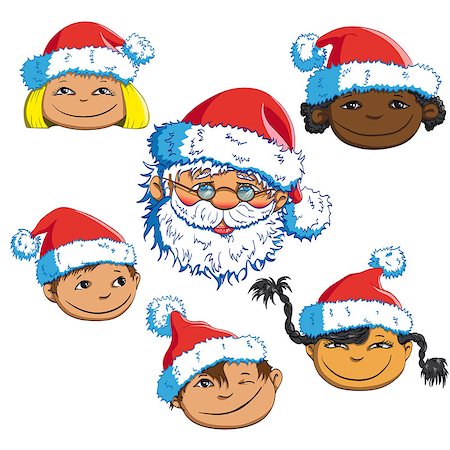 simsearch:400-06462885,k - Santa Claus in a red suit with children in caps congratulates Merry Christmas and New Year Stock Photo - Budget Royalty-Free & Subscription, Code: 400-08491713