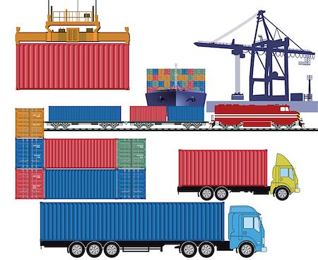 shipping containers for rail - Containers by truck and container ship at the industrial port terminal Stock Photo - Budget Royalty-Free & Subscription, Code: 400-08493606