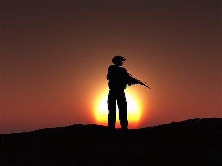 simsearch:400-04072400,k - 3D render of a silhouetted soldier at sunset Stock Photo - Budget Royalty-Free & Subscription, Code: 400-08504187