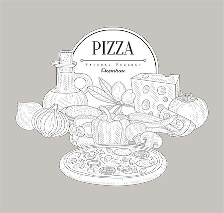 pizza calligraphic - Pizza Ingredients Vintage Vector Hand Drawn Design Card Foto de stock - Super Valor sin royalties y Suscripción, Código: 400-08506113