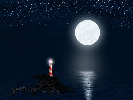 simsearch:400-04272525,k - Big full moon and lighthouse in the sea. Stock Photo - Budget Royalty-Free & Subscription, Code: 400-08506966