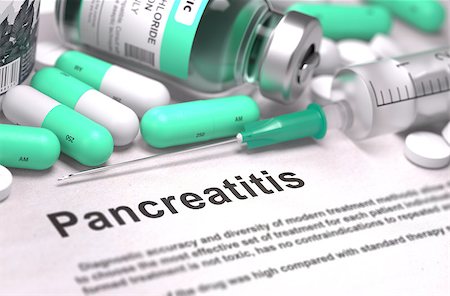 Diagnosis - Pancreatitis. Medical Report with Composition of Medicaments - LIght Green Pills, Injections and Syringe. Blurred Background with Selective Focus. 3D Render. Stock Photo - Budget Royalty-Free & Subscription, Code: 400-08508149