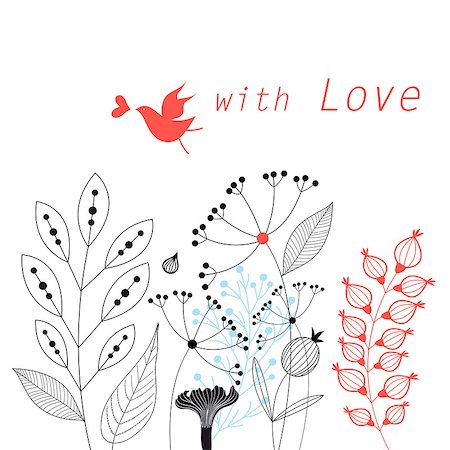 Graphic floral card with bird in love Stock Photo - Budget Royalty-Free & Subscription, Code: 400-08508686