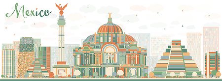 Abstract Mexico skyline with color landmarks. Vector illustration. Business travel and tourism concept with historic buildings. Image for presentation, banner, placard and web site. Stock Photo - Budget Royalty-Free & Subscription, Code: 400-08500518