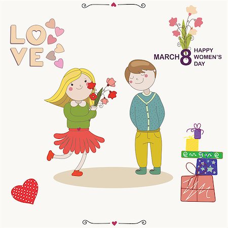 Boy presented to his pretty girlfriend bouquet of flowers, heart, and presents Stock Photo - Budget Royalty-Free & Subscription, Code: 400-08501162