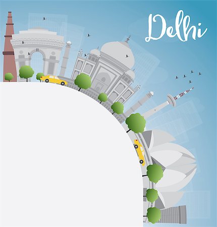Delhi skyline with gray landmarks, blue sky and copy space. Business travel and tourism concept with place for text. Image for presentation, banner, placard and web site. Vector illustration. Stock Photo - Budget Royalty-Free & Subscription, Code: 400-08502524