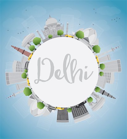 Delhi skyline with gray landmarks, blue sky and copy space. Business travel and tourism concept with place for text. Image for presentation, banner, placard and web site. Vector illustration. Stock Photo - Budget Royalty-Free & Subscription, Code: 400-08502523