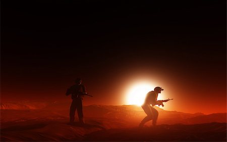 simsearch:400-04072400,k - 3D render of soldiers in active combat in the desert at sunset Stock Photo - Budget Royalty-Free & Subscription, Code: 400-08502777