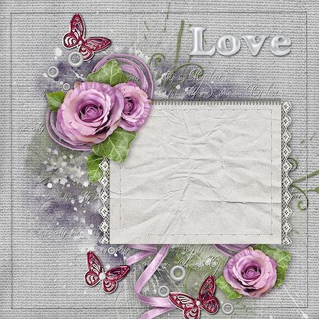 Vintage background with purple  roses, lace, ribbon, butterfly, paper card Stock Photo - Budget Royalty-Free & Subscription, Code: 400-08528679